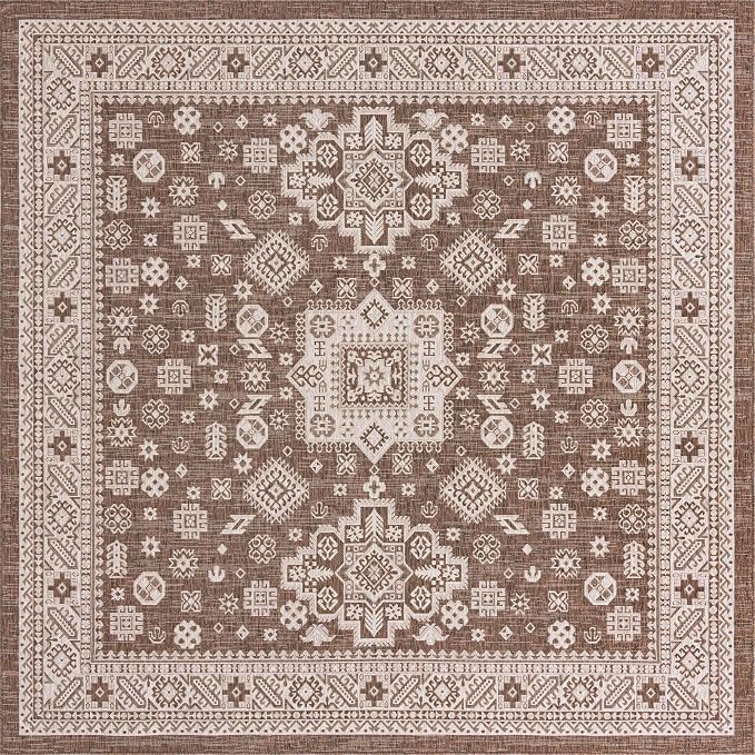 Unique Loom Outdoor Aztec Collection Area Rug - Chalca (10'Square, Brown/ Ivory)