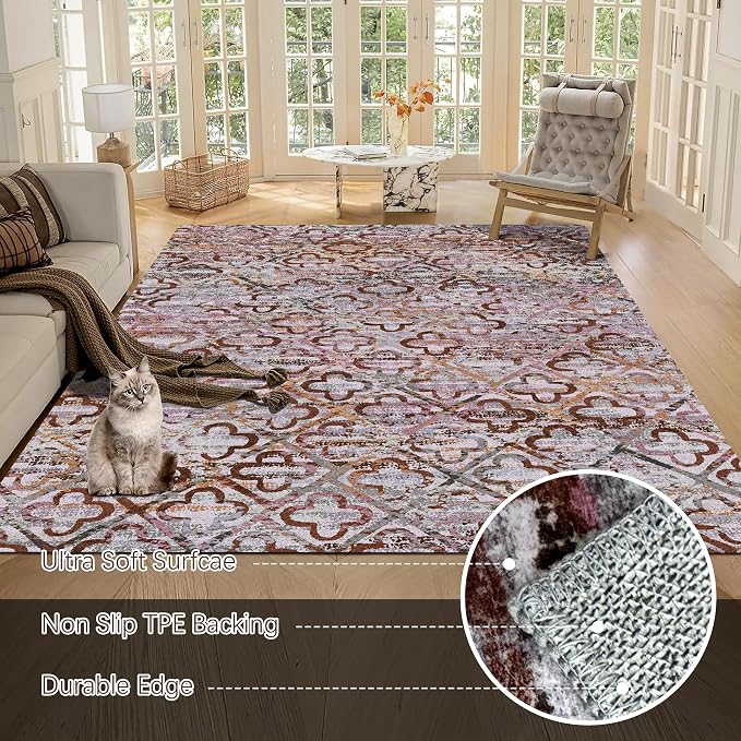 Washable Area Rugs, 8' x 10' - 1/6 Thick - Stain & Water Resistant Non-Slip - Perfect Resistant Rug for Living Room, Bedroom, Nursery, Pet & Child Friendly, Vibrant Colors Rugs, Purple