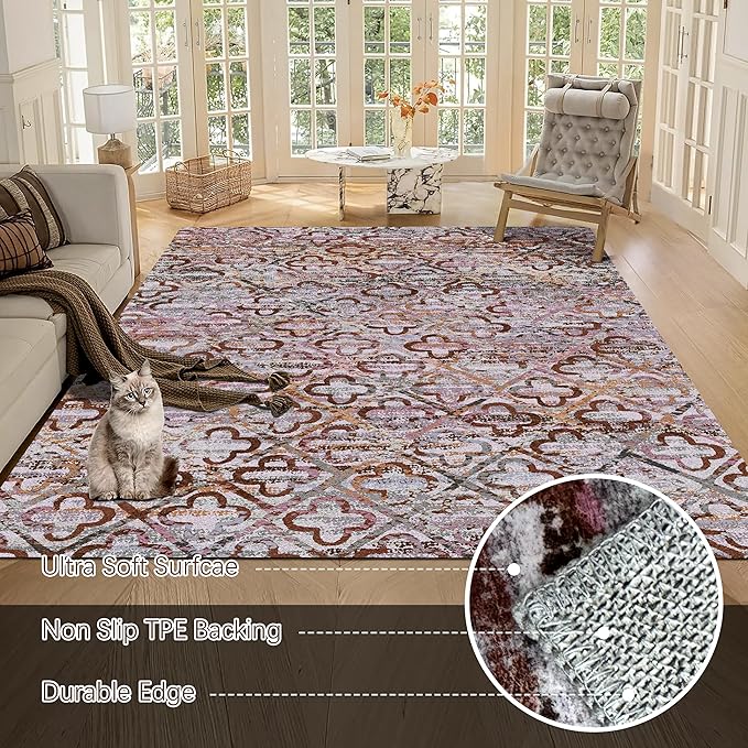Washable Area Rugs, 9' x 12' - 1/6 Thick - Stain & Water Resistant Non-Slip - Perfect Resistant Rug for Living Room, Bedroom, Nursery, Pet & Child Friendly, Vibrant Colors Rugs, Purple