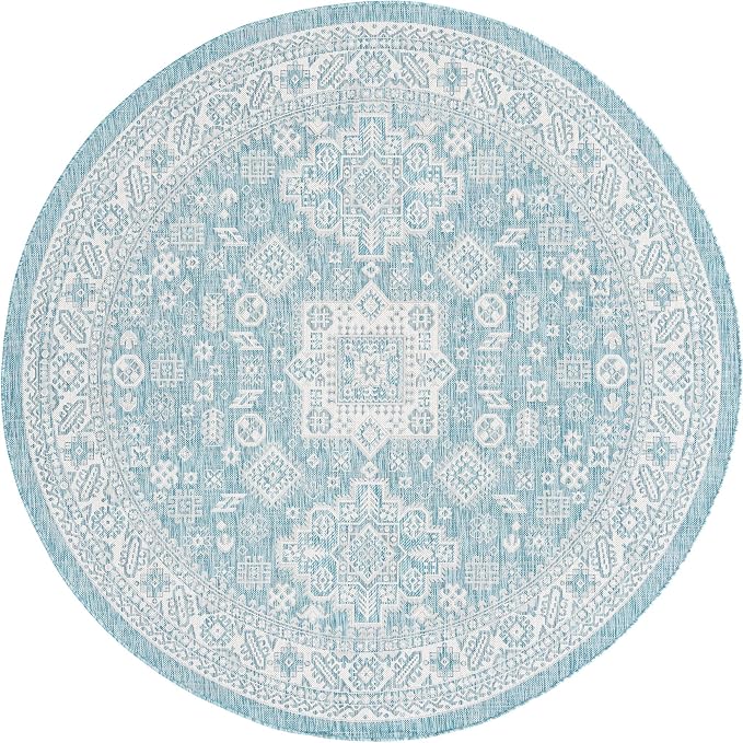 Unique Loom Outdoor Aztec Collection Area Rug - Chalca (7' 10" Round, Aqua/ Ivory)