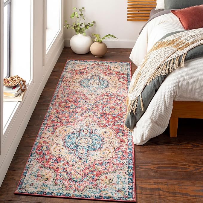 Livabliss Area Rugs - 3x7 Romaine Vintage Boho Rose Navy Sky Blue Runner Area Rug for Living Room Bedroom - Floral Medallion Stain Resistant Carpet for Kitchen, Nursery, Office (2'7" x 7'6", Runner)