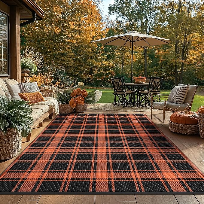 GENIMO Waterproof Outdoor Rug for Patio Clearance, 6'x9' Reversible Plastic Straw Rugs, Lightweight RV Camping Mat for Camper, Balcony, Deck, Backyard, Picnic, Black Orange Plaid