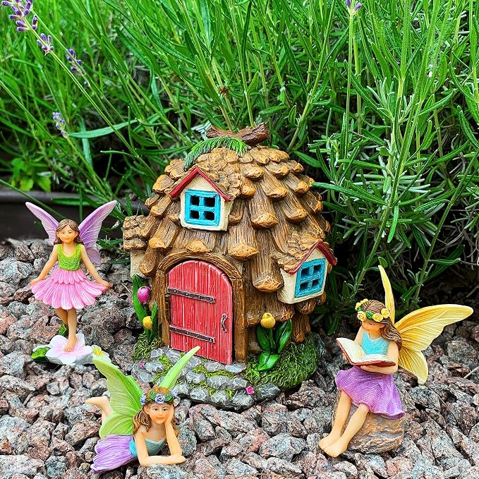 Mood Lab Fairy Garden Figurines - Pinecone Fairy House Set (4 pcs) - Miniature Decorative Statues & Accessories - Outdoor & Indoor Garden Decor