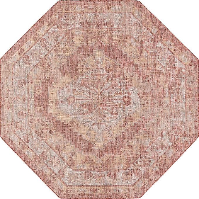 Unique Loom Outdoor Traditional Collection Area Rug - Valeria (7' 10" Octagon, Rust Red/ Ivory)
