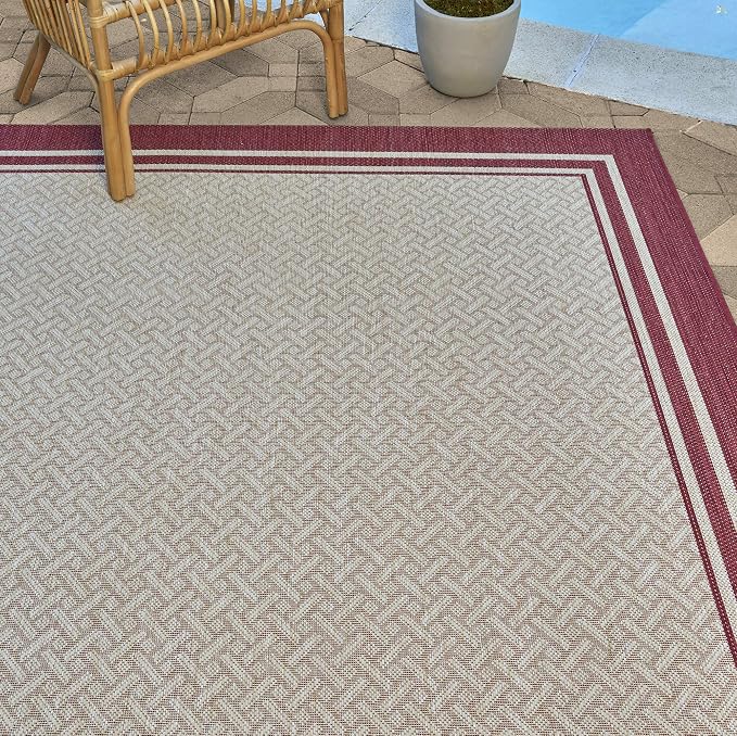 Gertmenian Indoor Outdoor Classic Flatweave Area Rug, Stain & UV Resistant Carpet, Deck, Patio, Poolside & Mudroom, 6x9 Ft Medium, Simple Border, Red Tan, 22226