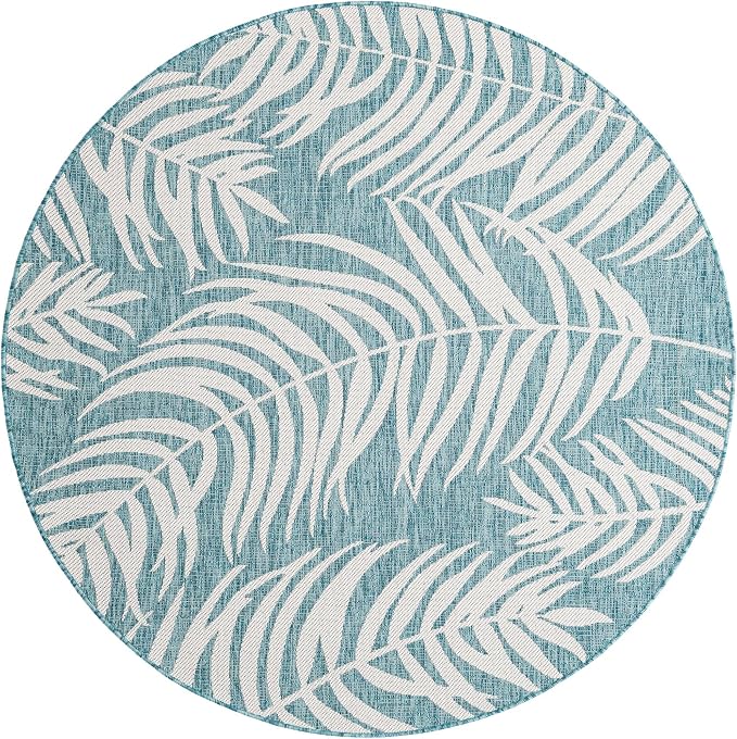 Unique Loom Outdoor Botanical Collection Area Rug - Palm (6' 1" Round Light Aqua/Ivory)