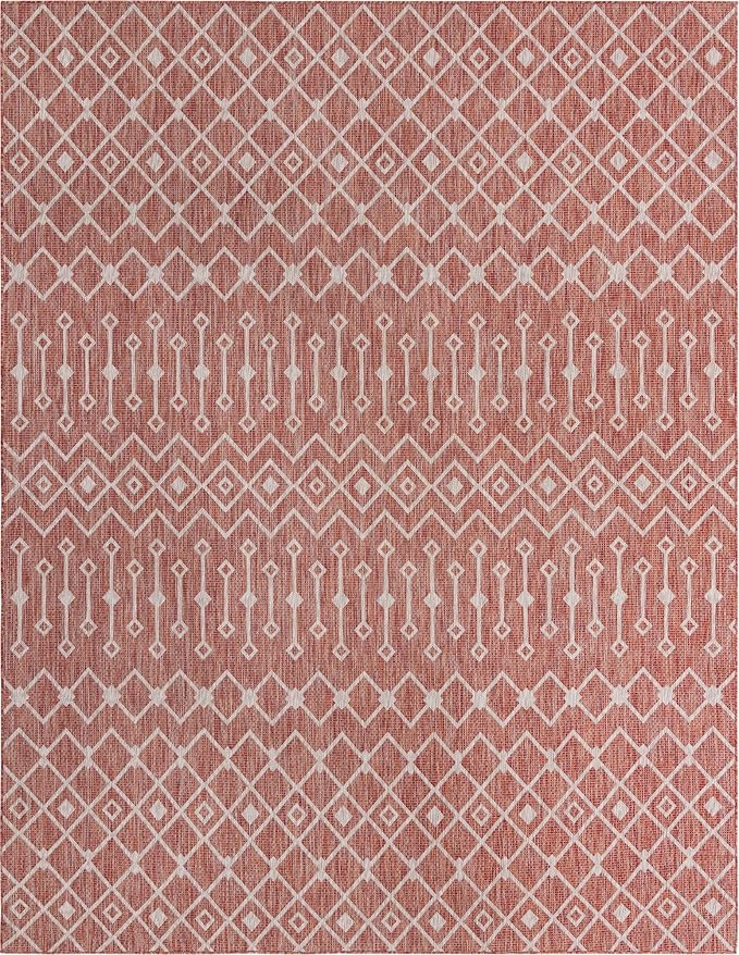 Unique Loom Outdoor Trellis Collection Area Rug - Tribal Trellis (10' x 13' 1" Rectangle, Rust Red/ Ivory)