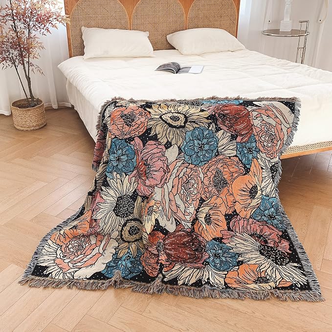 Boho Throw Blanket Reversible Cotton Bohemian Tapestry Hippie Room Decor Double Sided (Boho Flower Dark 50"x60")