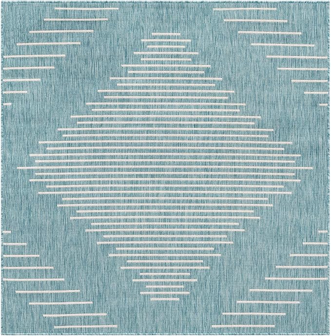 Unique Loom Outdoor Modern Collection Area Rug - Tambor (5' 3" Square, Light Aqua/ Ivory)