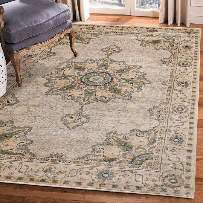 Superior Indoor Area Rug or Runner, Patchwork Rustic Leaves Floor Decor, Soft Plush Rugs for Living Room, Office, Kitchen, Dining, Aesthetic Home Accessories, Zelder Collection 8ft x 10ft - Beige