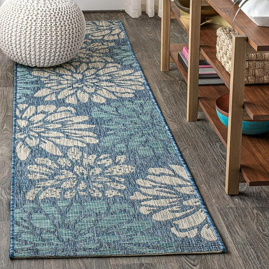 JONATHAN Y Floral Textured Weave Indoor Outdoor Runner Rug 2X14 Navy/Aqua, Zinnia Modern for Backyard, Patio, Porch, Easy-Cleaning, High Traffic, Pet-Friendly, Non-Shedding (SMB110C-214)