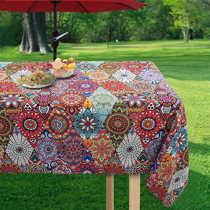 Outdoor Tablecloth with Umbrella Hole and Zipper, 60 x 84 Inch Vintage Rectangle Patio Table Covers for Spring/Summer, Machine Washable Picnic Table Cloth (Kaleidoscope, 60" × 84" Rectangular)