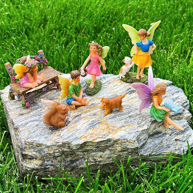 Mood Lab Fairy Garden Figurines with Animals - Miniature Decorative Statues & Accessories Set (8 pcs) - Outdoor & Indoor Garden Decor
