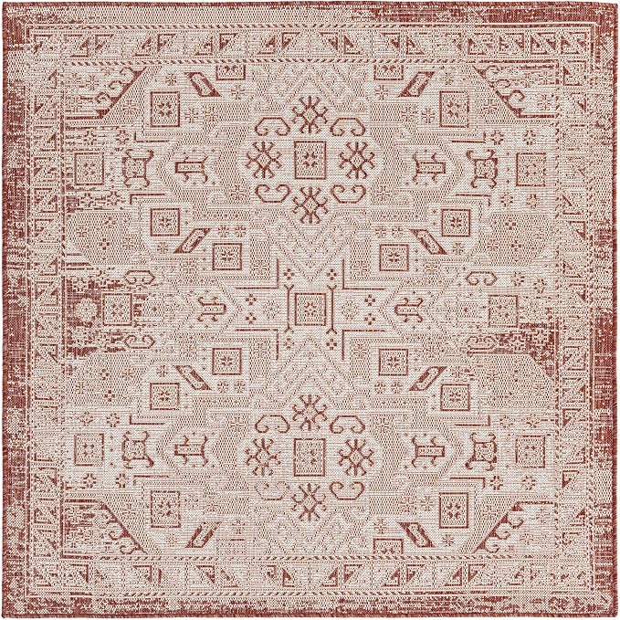 Unique Loom Outdoor Aztec Collection Area Rug - Coba (5' 3" Square, Rust Red/ Ivory)