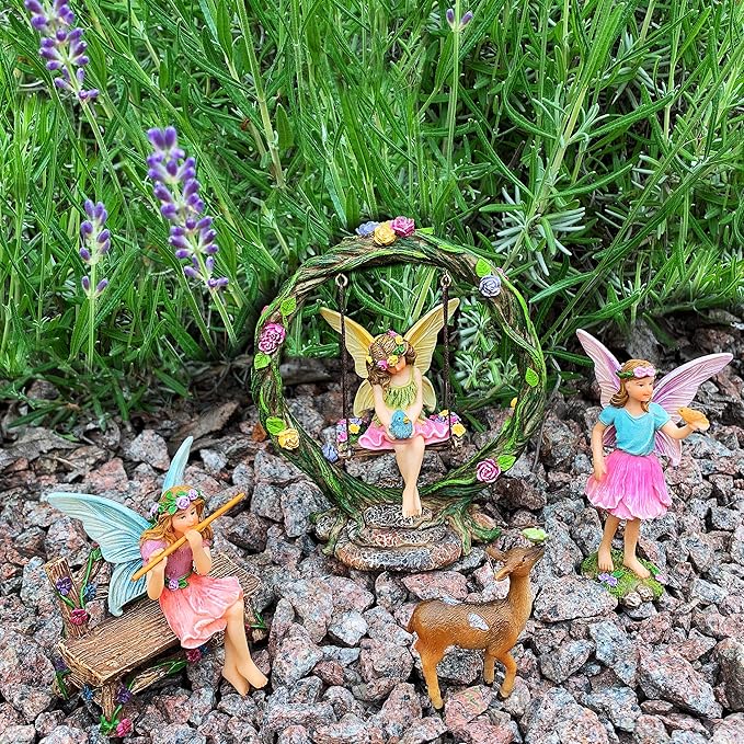 Mood Lab Fairy Garden Figurines with Swing - Miniature Decor Set (6 pcs) - Statues & Accessories - Outdoor & Indoor Garden Decor