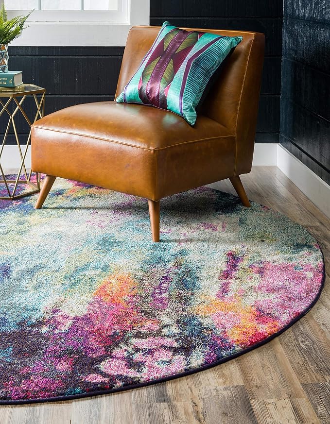 Unique Loom Chromatic Collection Modern Colorful & Vibrant Abstract Area Rug For Any Home Décor (8' 0 x 8' 0 Round, Multi/ Light Blue)