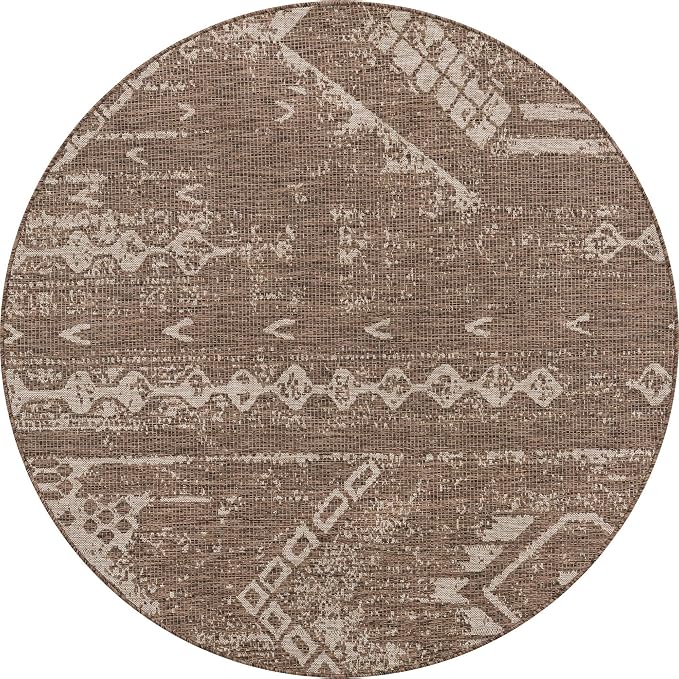 Unique Loom Outdoor Bohemian Collection Area Rug - Anthro (6' 1" Round, Brown/ Ivory)