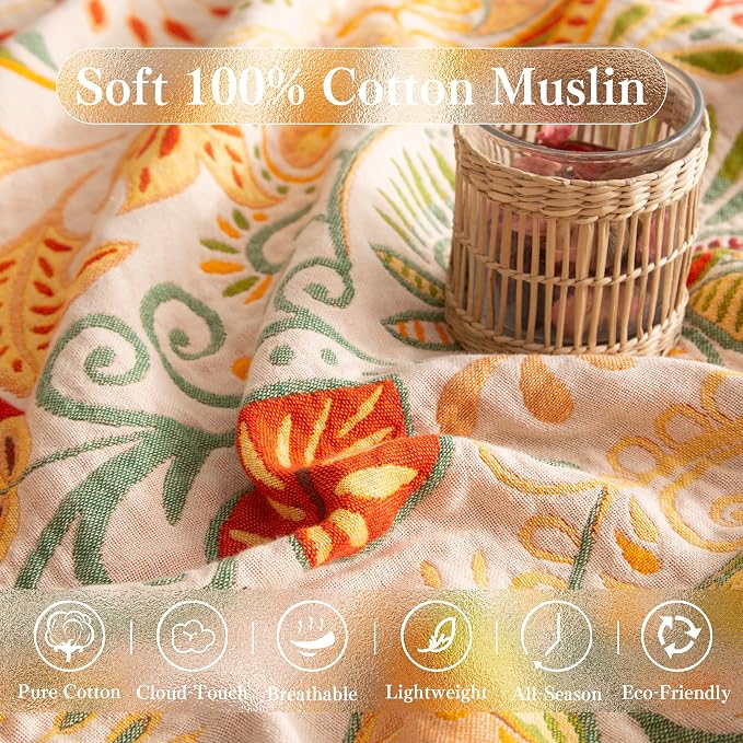 Phuryllic Boho Throw Blanket Queen Size, Oversized Soft Cozy Cotton Muslin Quilt Blanket for Bed Decor, Floral Patterned Couch Sofa Chair Cover, Vintage Farmhouse Cottage Woven Blanket, Coral&Green
