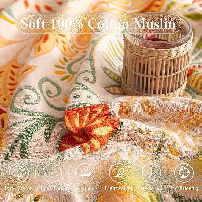Phuryllic Boho Throw Blanket Twin Size, Soft Cozy Cotton Muslin Quilt Blanket for Bed Decor, Floral Patterned Couch Sofa Chair Cover, Vintage Farmhouse Cottage Tapestry Woven Blanket, Coral&Green