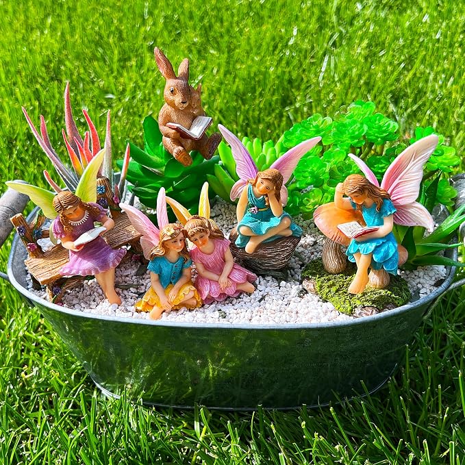 Mood Lab Fairy Garden Figurines - Reading Fairies Set (6 pcs) - Miniature Decorative Statues & Accessories - Outdoor & Indoor Garden Decor