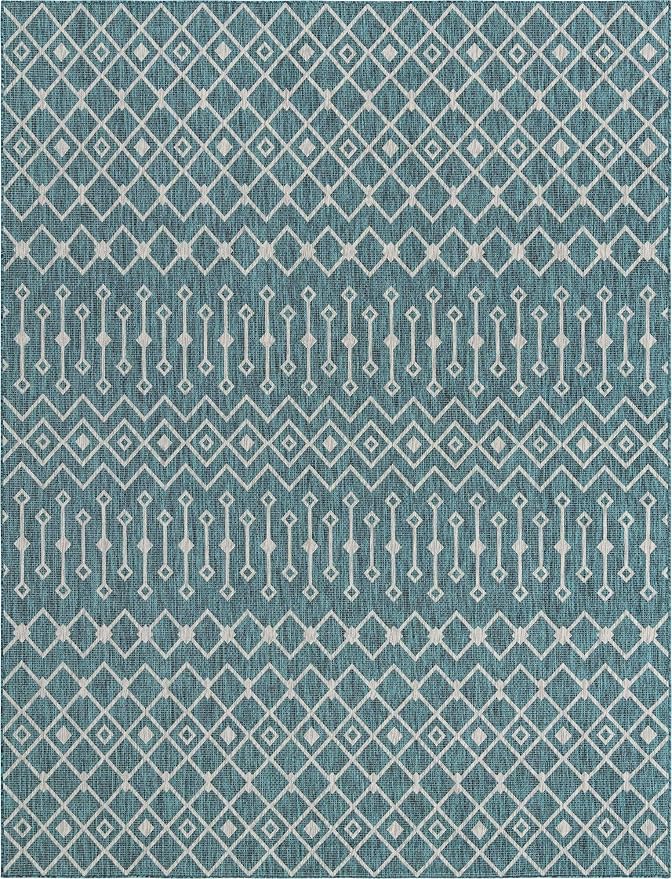 Unique Loom Outdoor Trellis Collection Area Rug - Tribal Trellis (10' x 13' 1" Rectangle, Teal/ Ivory)