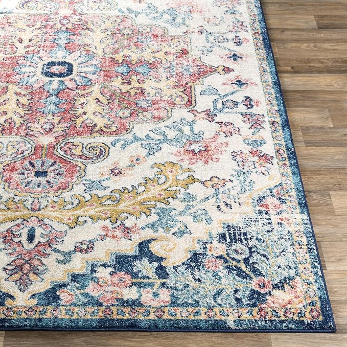 Livabliss Area Rugs - 7x9 Odelia Vintage Boho Aqua Burgandy Blue Area Rug for Living Room Bedroom - Floral Medallion Stain Resistant Carpet for Kitchen, Nursery, Office (6'7" x 9')