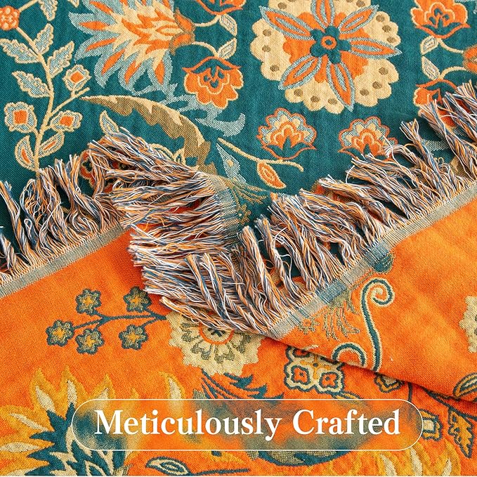 Phuryllic Boho Throw Blanket Queen Size, Oversized Soft Cozy Cotton Muslin Quilt Blanket for Bed Decor, Floral Patterned Couch Sofa Chair Cover, Vintage Farmhouse Cottage Woven Blanket, Orange&Green