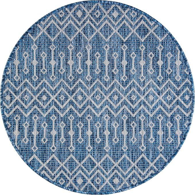 Unique Loom Outdoor Trellis Collection Area Rug - Tribal Trellis (3' 1" Round, Blue/ Ivory)