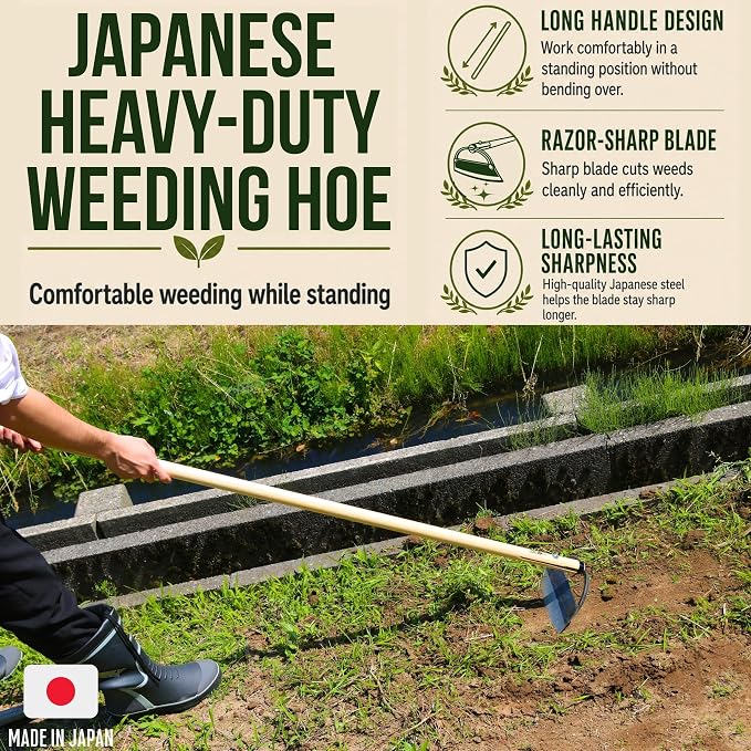 KAKURI Japanese Garden Hoe Long Handle 53" for Weeding - Heavy Duty Wide Draw Hoe Weeder Tool - Sharp Japanese Steel Blade & Wooden Handle - Made in Japan