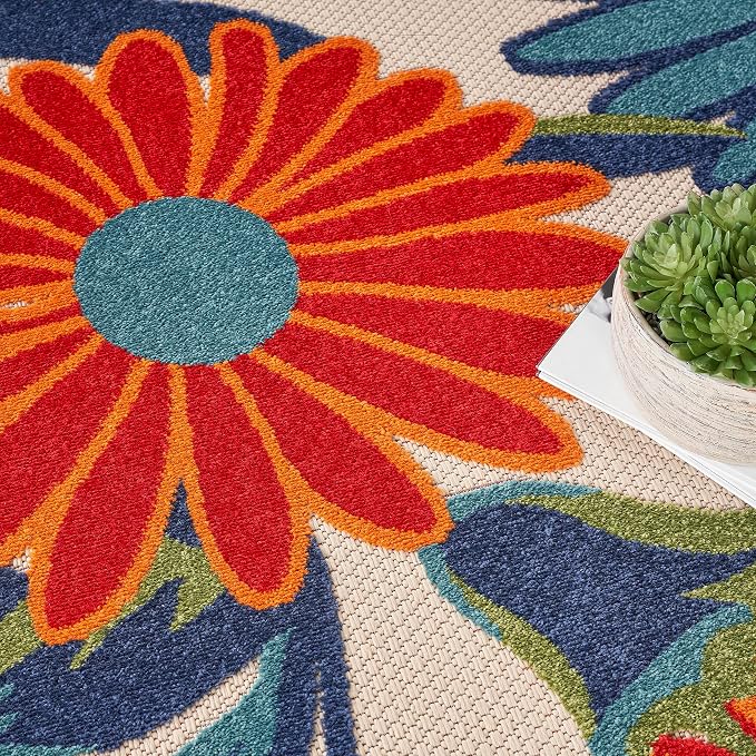 Nourison Home Aloha Multicolor 5'3" x Round Area Rug - Easy Clean, Non Shedding, Bed Room, Living Room, Dining Room, Kitchen (5' x Round)