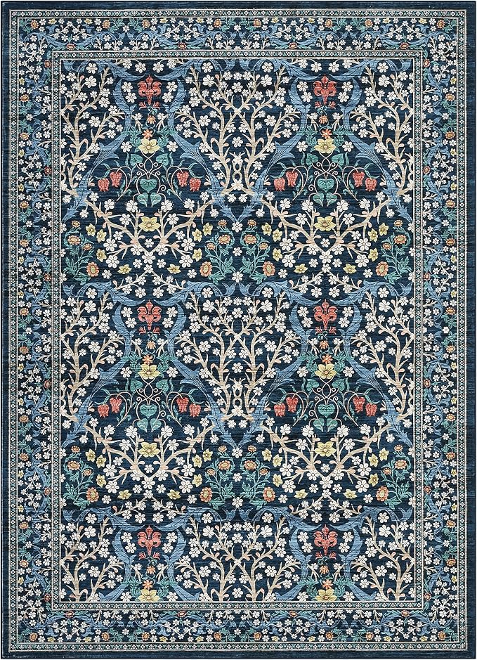 GarveeHome Blue Floral 8x10 Washable Area Rug Living Room Bedroom | Vintage Stain Resistant Rugs for Large Room Low-Pile Non-Slip Carpet Soft Stain Resistant Botanical Boho Rug TPE Backing