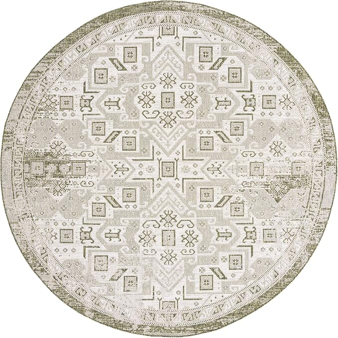 Unique Loom Outdoor Aztec Collection Area Rug - Coba (10' Round, Green/ Ivory)