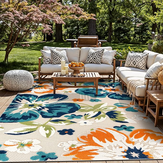 Rugshop Multi Bergamo Floral Indoor/Outdoor Area Rug for Patio, Porch and Dining Area, 6'6" x 9'