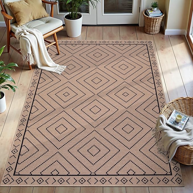 Tangsoo Easy Jute Rug 3x5 for Entryway,Geometric Non-Slip Washable Indoor Outdoor Door Carpet,Farmhouse Ultra Thin Throw Mat for Kitchen Bedroom Front