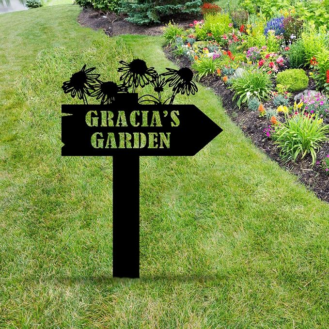 Personalized Flowers Garden Sign with Stakes, Custom Flowers Metal Garden Decor, Sign for Flower Beds, Metal Yard Art, Gift for Grandmother, Gift for Mom, Patio Garden Decorations, Housewarming Gift