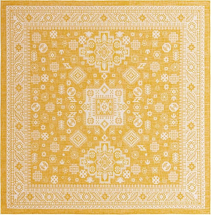 Unique Loom Outdoor Aztec Collection Area Rug - Chalca (10' Square, Yellow/ Ivory)