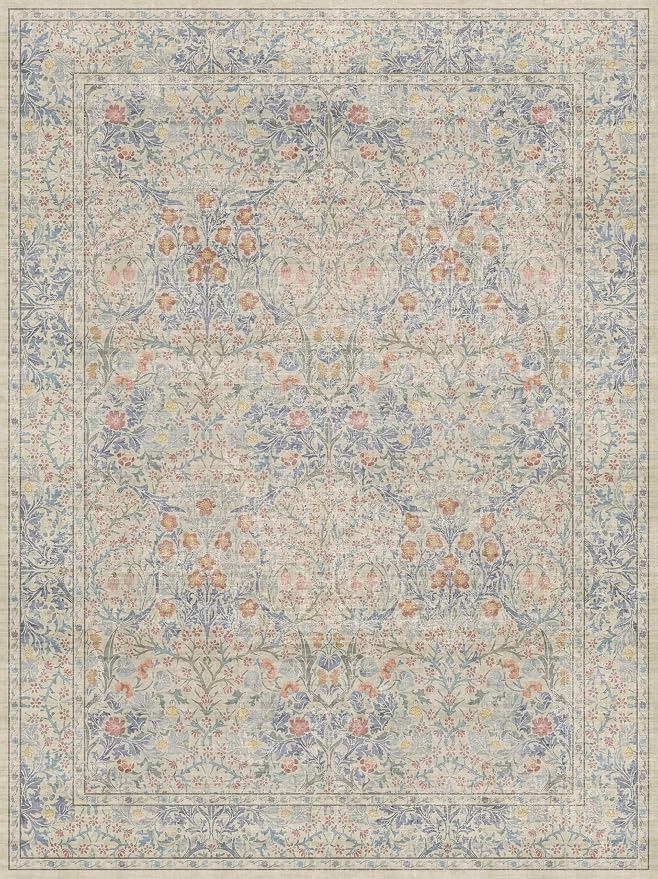 Washable Light Blue Bedroom Rug, 9x12 Area Rug for Living Room, Large Dining Room Rugs for Under Table, Soft Low Pile Non-Slip Stain Resistant Carpet - Vintage Floral Design (9x12 Beige Blue)