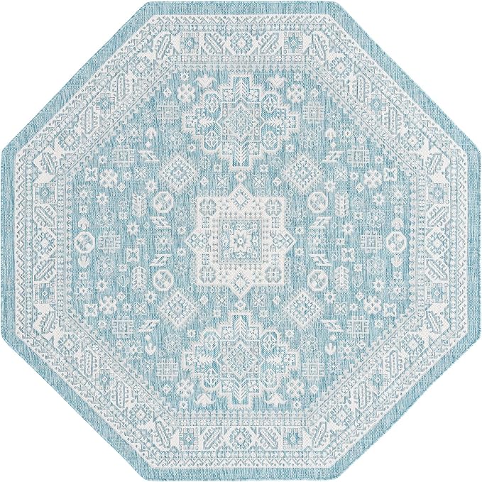 Unique Loom Outdoor Aztec Collection Area Rug - Chalca (7' 10" Octagon, Aqua/ Ivory)