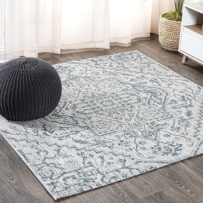 JONATHAN Y Boho Medallion Indoor Outdoor Square Area Rug 5X5 Teal/Gray, Estrella Textured Weave for Backyard, Patio, Porch, Easy-Cleaning, High Traffic, Pet-Friendly, Non-Shedding (SMB105C-5SQ)