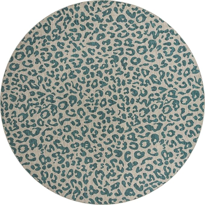Unique Loom Outdoor Safari Collection Area Rug - Leopard (13' Round, Teal/ Ivory)