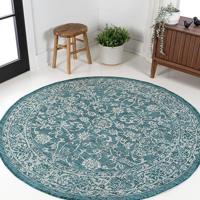 JONATHAN Y Weave Floral Indoor Outdoor Round Area Rug 9 Ft Teal/Gray, Tela Bohemian Textured for Backyard, Patio, Porch, Easy-Cleaning, High Traffic, Pet-Friendly, Non-Shedding (SMB100C-9R)