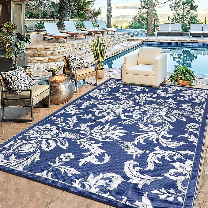 IDEALHOUSE Waterproof Outdoor Rug 9x12 for Patio, Foldable Reversible Area Rug, Large Plastic Straw Mat for Camping, RV, Porch, Backyard, Picnic, Beach, Blue & White