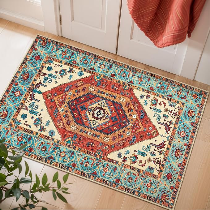 SERISSA 2x3 Washable Non Slip Boho Small Area Rug for Entryway，Orange | Ultra Soft Vintage Oriental Carpet Low-Pile Tribal Indoor Mat for Bedroom Kitchen Bathroom Entrance Floor