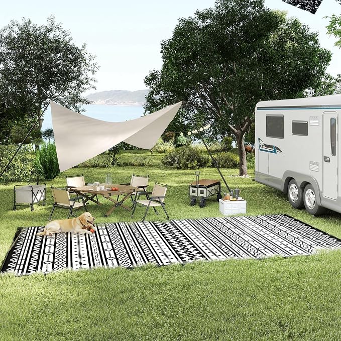 Outsunny Outdoor Rug for Patio, 9' x 18' Waterproof Large Mat, Reversible Plastic Straw Rug for Decor, Portable Outside RV Camping Area Carpet Mat for Backyard Porch Deck Picnic, Black White Geometric