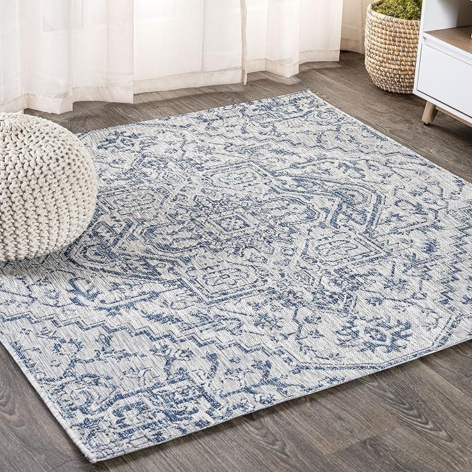 JONATHAN Y Boho Medallion Indoor Outdoor Square Area Rug 8X8 Navy/Gray, Estrella Textured Weave for Backyard, Patio, Porch, Easy-Cleaning, High Traffic, Pet-Friendly, Non-Shedding (SMB105B-8SQ)