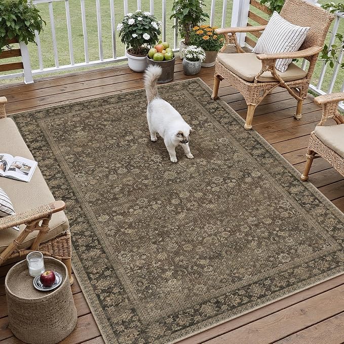 HUGEAR 4x6 Indoor/Outdoor Rug Brown Linen-Look Fabric Vintage Area Rug High Traffic Stain Resistant Easy Clean Durable Rugs for Living Kitchen Patio Deck Balcony Porch Garden Courtyard