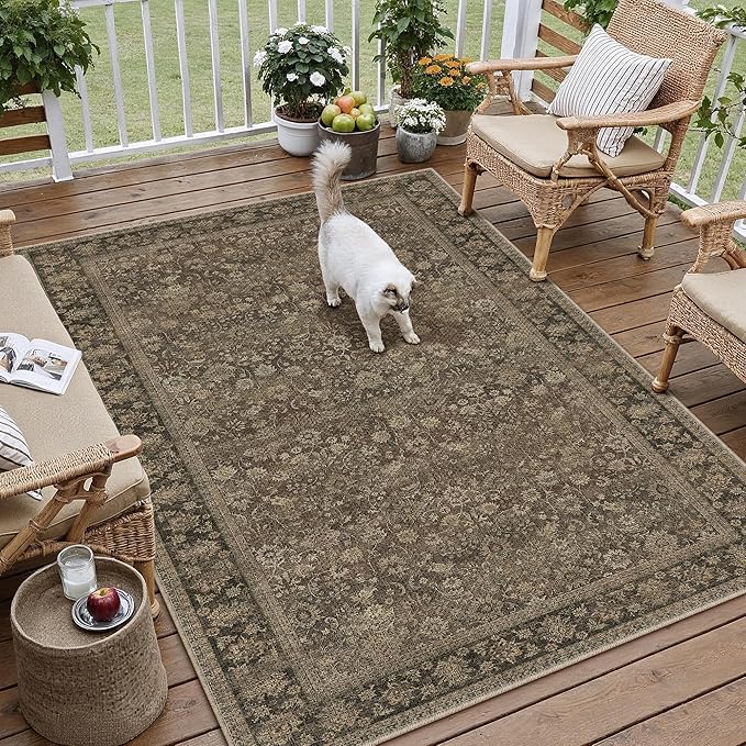 HUGEAR 5x7 Indoor/Outdoor Rug Brown Linen-Look Fabric Vintage Area Rug High Traffic Stain Resistant Easy Clean Durable Rugs for Living Kitchen Patio Deck Balcony Porch Garden Courtyard