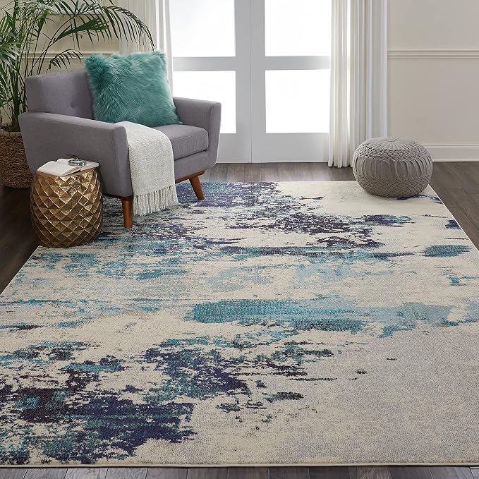 Nourison Home Celestial Ivory Teal Blue 7'10" x 10'6" Area Rug - Easy Clean, Non Shedding, Bed Room, Living Room, Dining Room, Kitchen (8' x 11')