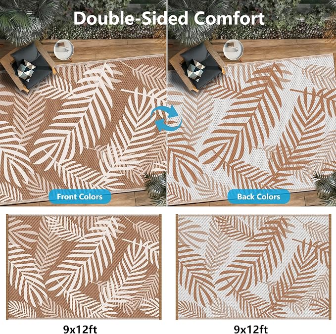 Kohree Outdoor Rug Waterproof 9x12, Reversible Outdoor Plastic Straw Rug with Leaf Pattern, Easy-Cleaning RV Mat Carpet for Patio, Porch, Camping, Balcony, Deck, Backyard, Brown & Beige