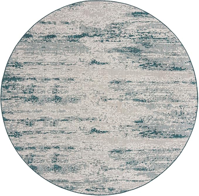 Unique Loom Outdoor Modern Collection Area Rug - Cartago (10' Round, Teal/ Ivory)